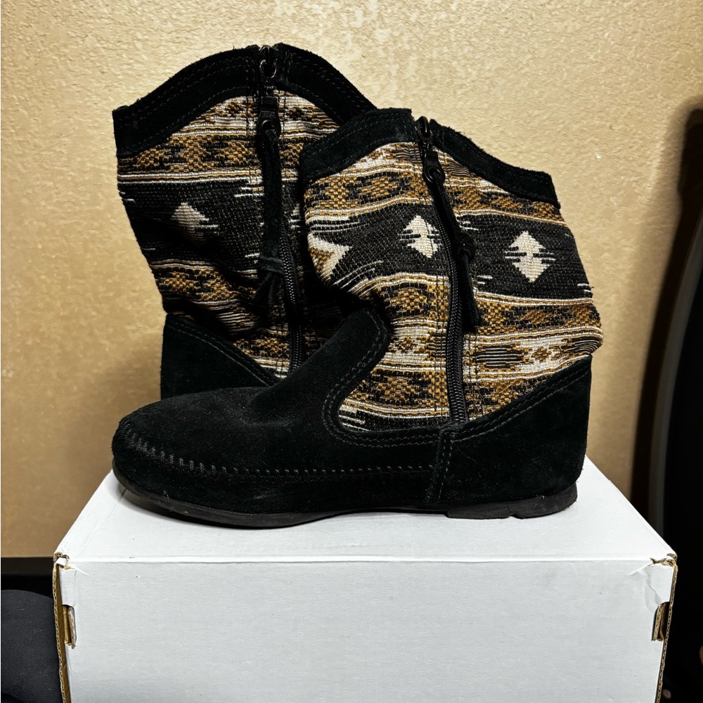 Minnetonka Black Suede Wedge Booties with Tan Aztec Panels